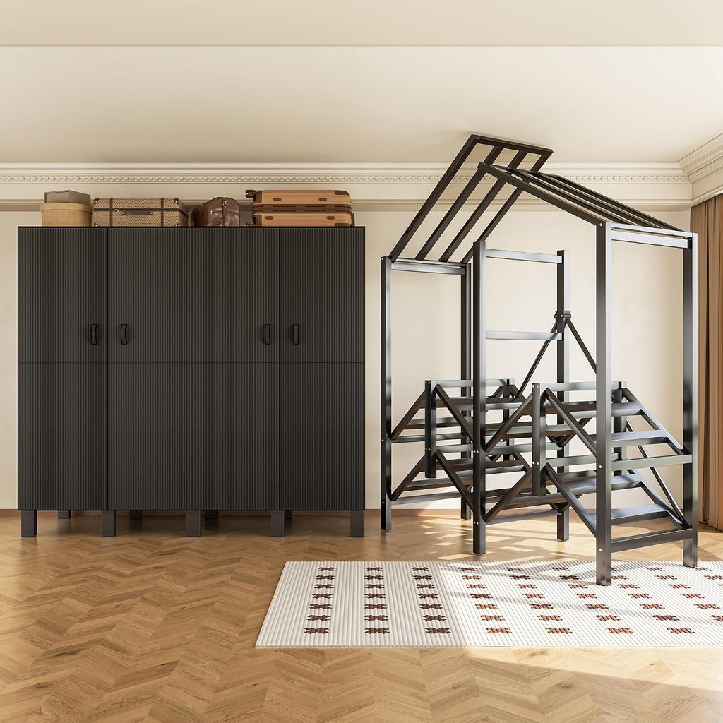 49.2in Foldable Portable Wardrobe with Magnetic Door Large Heavy Duty Rolling Covered Clothes Rack Folding Closet on Wheels Metal Garment Rack for Hanging Clothes (B,Black Door, 125cm/49.2in)