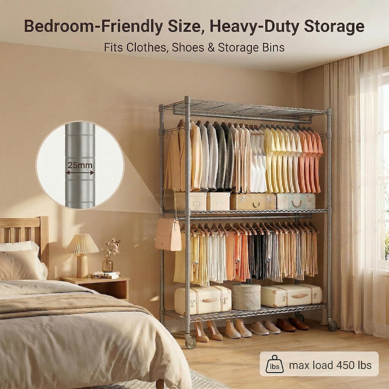 Homdox Rolling Clothes Rack Heavy Duty, 3-Tier Adjustable Wire Shelving Garment Organizer with Double Rods & Hooks, Portable Clothes Rack with Wheels, 17.72' D x 47.24' W x 80.71' H, Grey