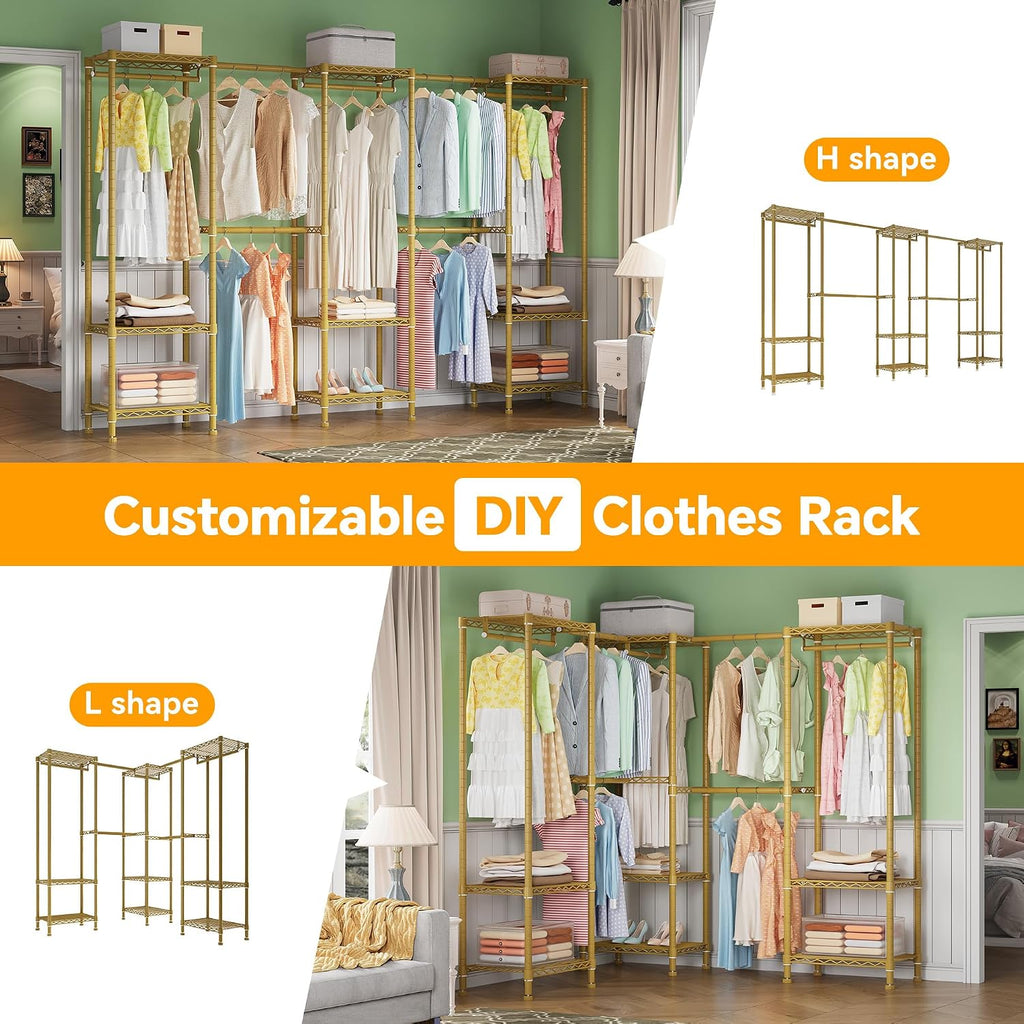 Higeego Large Clothes Rack, Clothing Rack for Hanging Clothes, Heavy Duty Garment Rack, Freestanding Wardrobe Closet with Extendable Hanger Rods, Width from 7.8 to 10.8 ft, H11 Gold