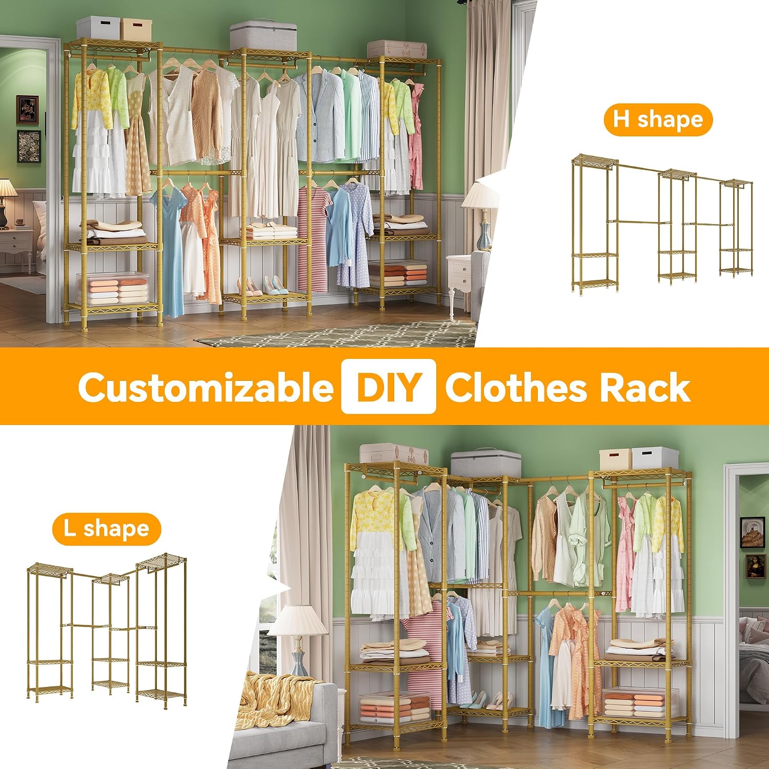 Higeego Large Clothes Rack, Clothing Rack for Hanging Clothes, Heavy Duty Garment Rack, Freestanding Wardrobe Closet with Extendable Hanger Rods, Width from 7.8 to 10.8 ft, H11 Gold