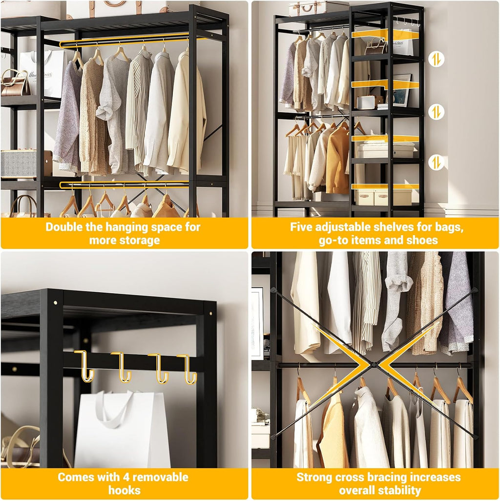 Homykic Bamboo Closet System, Heavy Duty Clothing Rack for Hanging Clothes, Freestanding Clothes Rack with 7 Adjustable Shelves & 2 Rods, 4 Hooks, Open Wardrobe Organizer Garment Rack, Dark Black