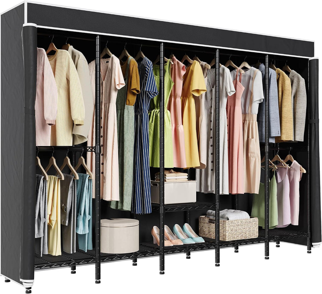 Higeego 94.5'W Heavy Duty Clothing Rack with Cover, H5C Garment Rack with Adjustable Shelves Freestanding Wardrobe Closet with Hanging Rods Portable Closet, Black Rack with Black Cover, Load 1400 lbs