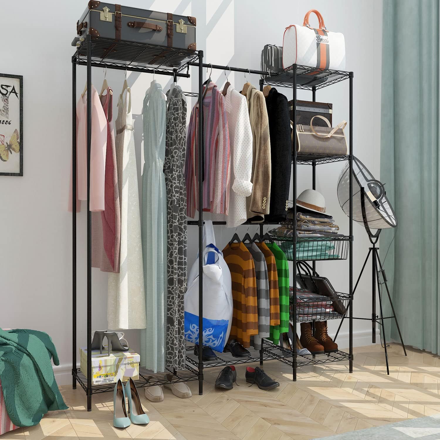 Xiofio 6 Tiers Heavy Duty Garment Rack,Metal Clothing Rack,Clothing Storage Rack,Closet Organizer System Freestanding & Adjustable Wardrobe 60.7' L x 15.7' W x 70.5' H Max Load 720LBS Black