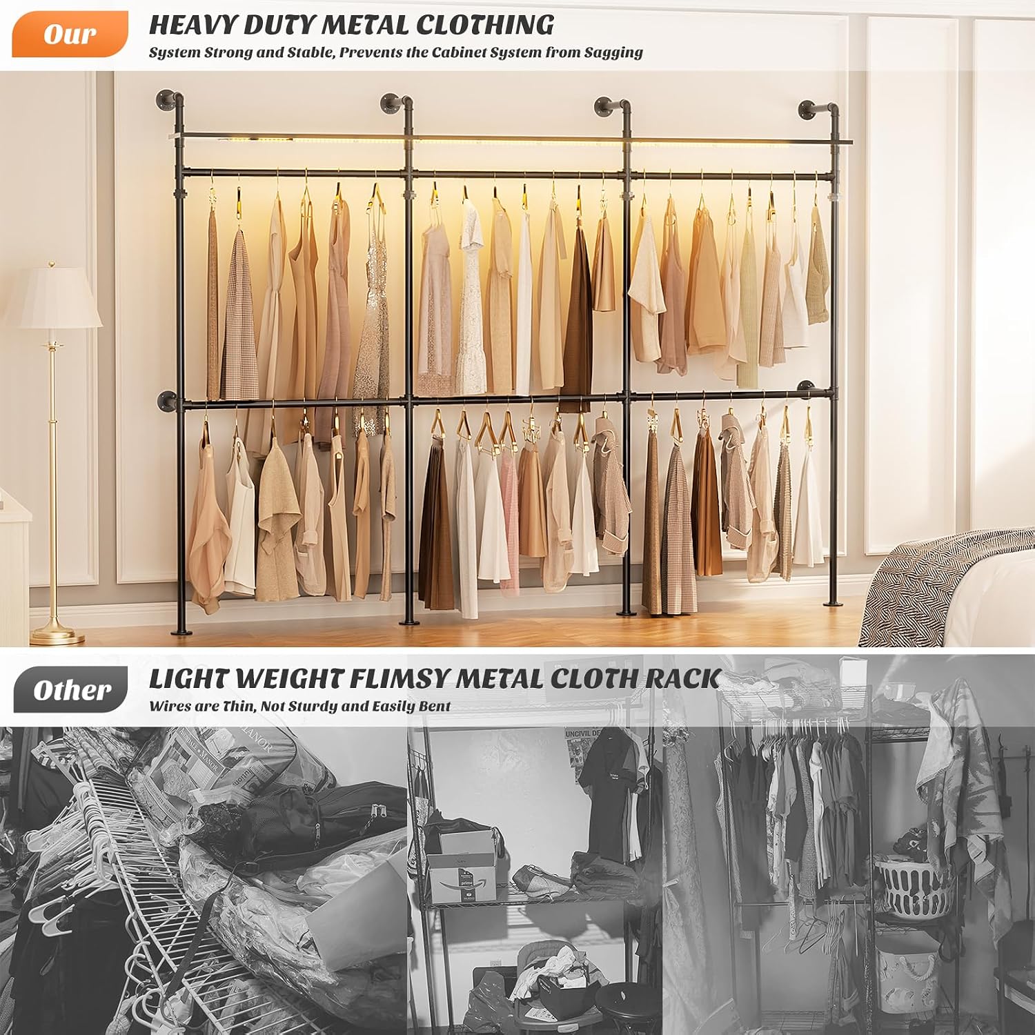 Aheaplus Industrial Pipe Clothing Rack, Reversible 118.3'' Clothes Rack for Hanging Clothes, Heavy Duty Garment Rack Closet Wardrobe Rack with LED Lights& Shelves, Walk-in Closet System, Black