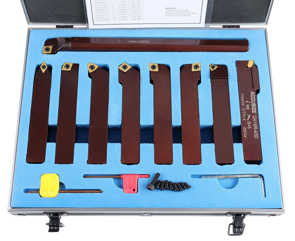 Accusize Industrial Tools 1' 9 Pieces/Set, Indexable Carbide Turning Tools and Boring Bar, 2988-0001 | TiN-Coated C6 Carbide Inserts for Steel, 9-Piece Indexable Turning and Boring Set