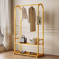 Gold Clothing Rack for Hanging Clothes,Sturdy metal clothes rack,Modern Garment Rack with Bottom Storage Shelves and 6 Side Hooks, Freestanding Wardrobe Rack for Bedroom or Closet