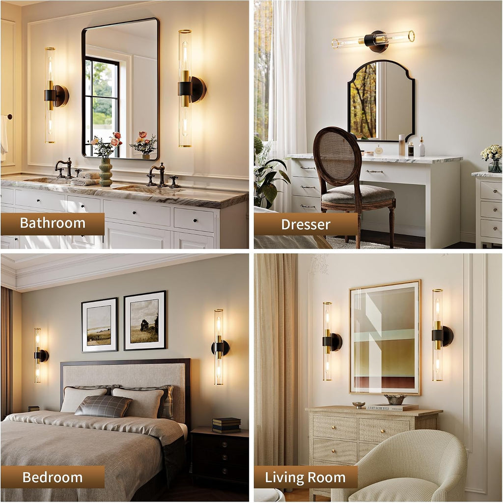 10000mAh Battery Operated Wall Sconces Set of 2, Black Gold Dimmable Rechargeable Wall Sconce with Remote, 20 Inch Wireless Warm Glass Wall Light for Bedroom Living Room Entryway (Bulbs Included)