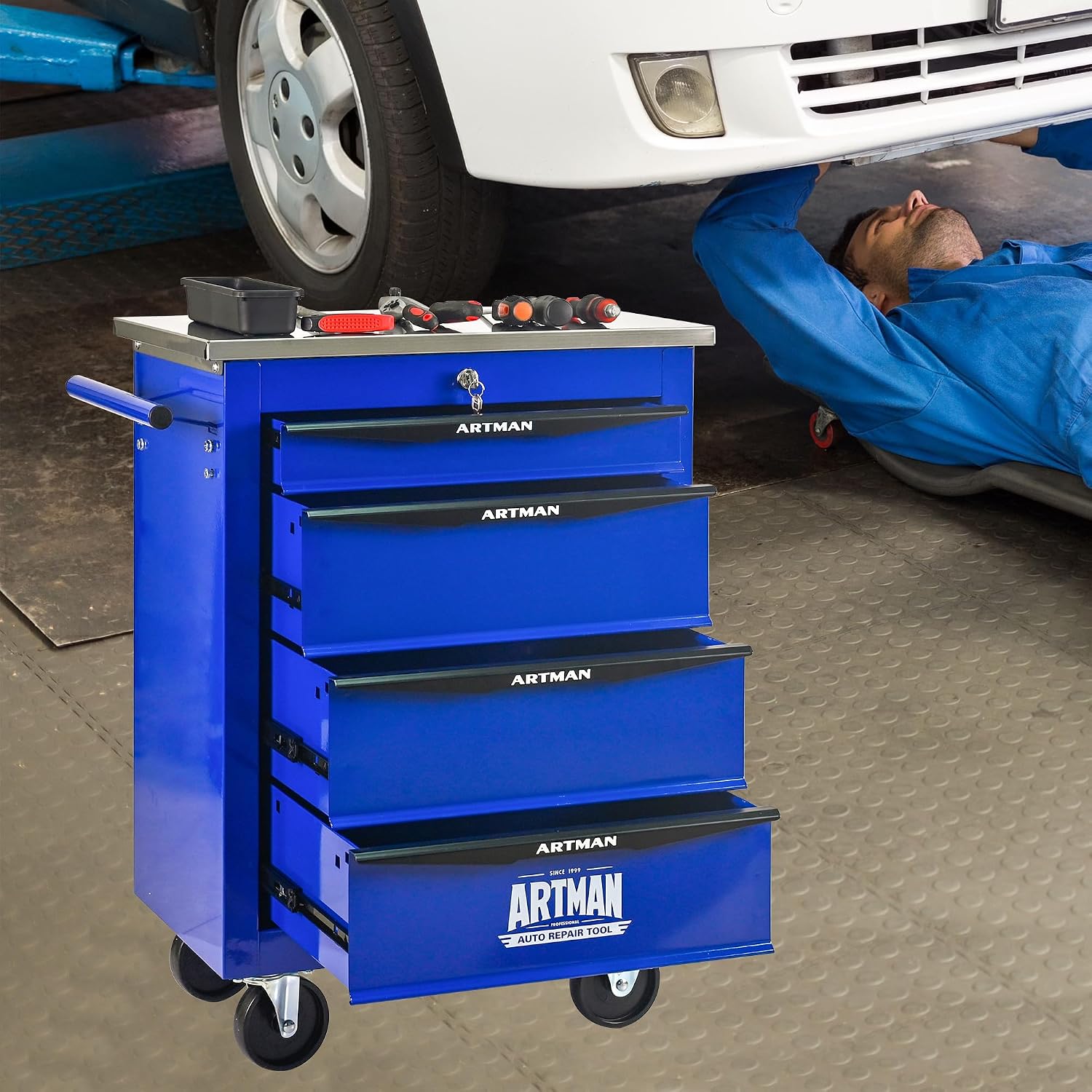 4 Drawers Tool Cart on Wheels with Stainless Steel Worktop, Heavy Duty Mobile Rolling Drawer Tool Chest with Locking Wheels & Lockable Drawers, Garage Tool Storage Cabinet (Blue, 4 Drawers)
