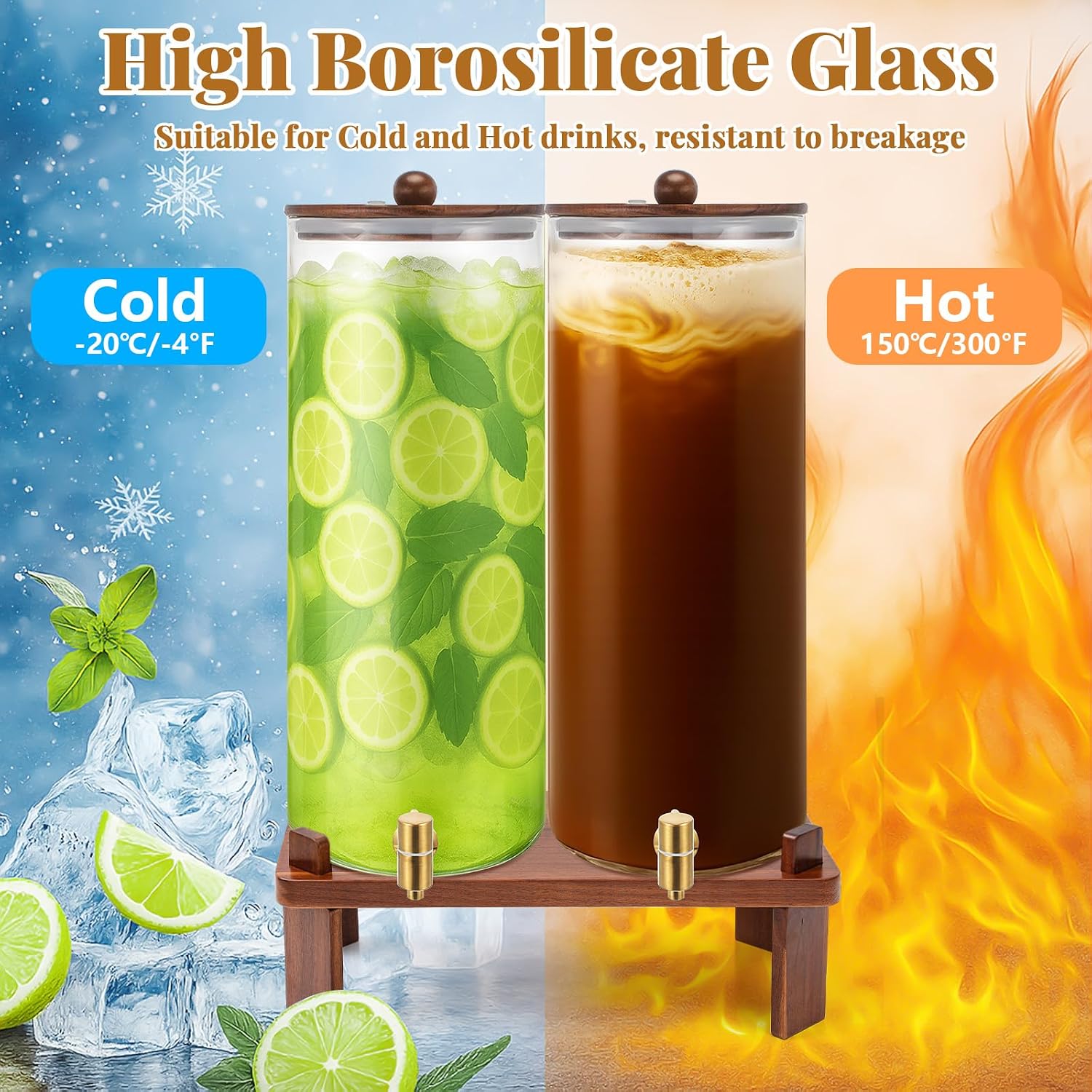 FillTouch 2 Pack 4 Gallon Glass Drink Dispenser with Acacia Wood Stand and Lid, Large Glass Beverage Dispenser with Spigot Perfect for Juice, Tea, Sangria, Lemonade, Weddings, Party, Outdoor Events