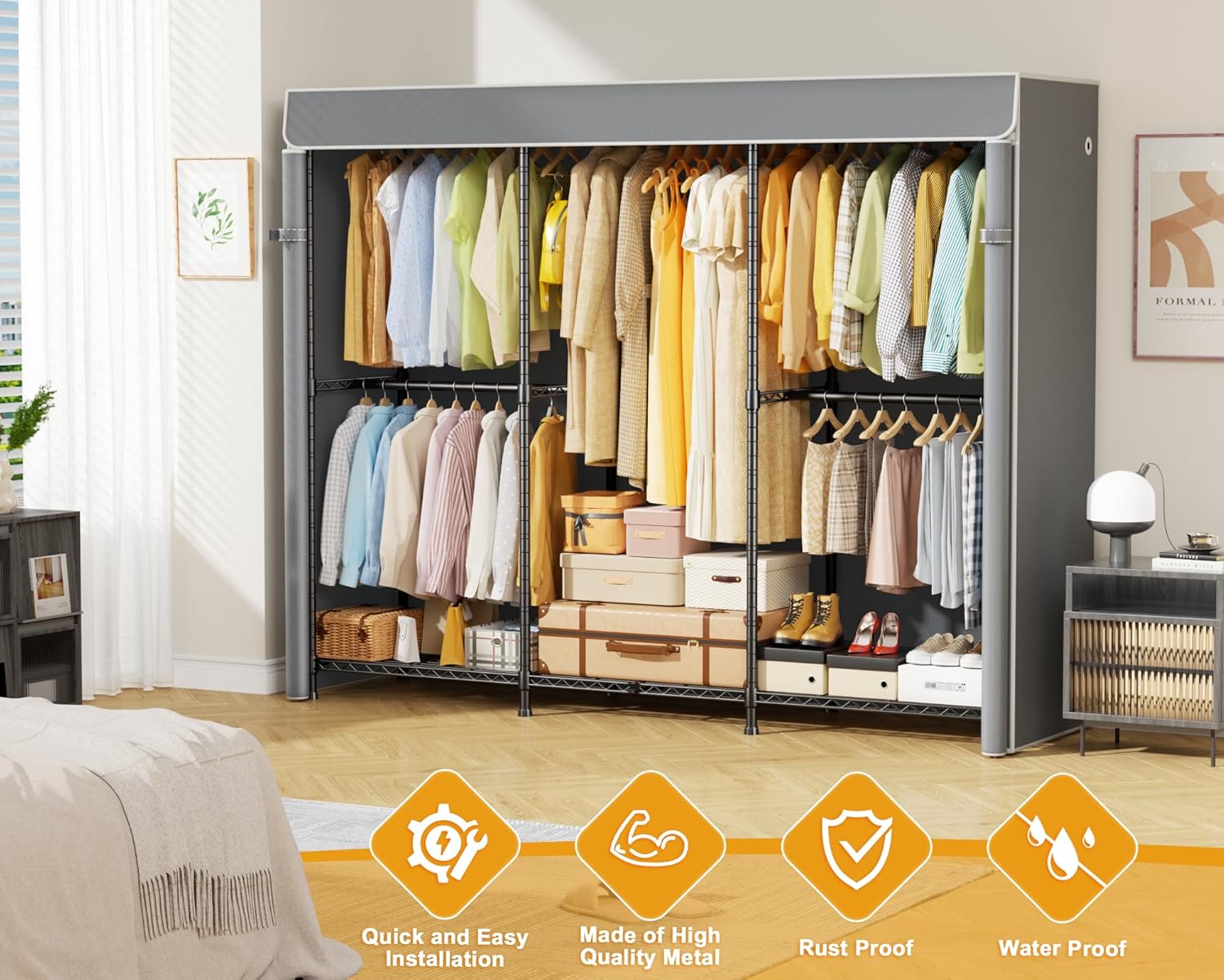 ULIFHOME E14C Pro Heavy Duty Closet Organizer System，Freestanding Clothing Racks for Hanging Clothes，Adjustable Garment Rack 69' W × 16' D × 77' H Hold 960 lbs，Black Rack with Grey Dustproof Cover