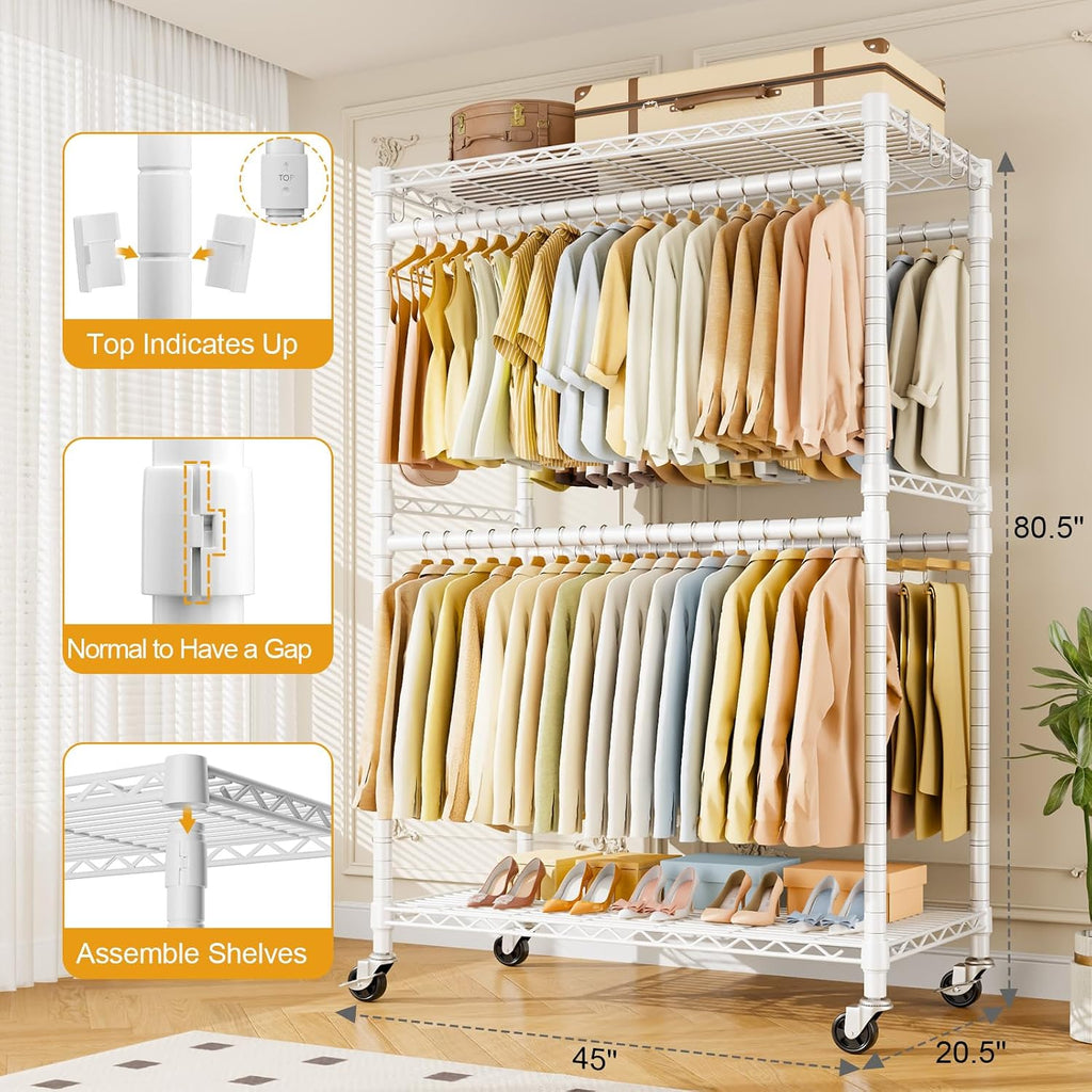 ULIFHOME P4 Plus Rolling Clothes Rack Heavy Duty, Clothing Racks for Hanging Clothes, Free Standing Garment Racks with Wheels, Portable Closet Rack 45''W × 20.5''D × 80.5''H, Max Load 570 Lbs, White