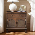 HULALA HOME End Table with Doors and Drawer, Traditional Side Table with Solid Wood Legs, Adjustable Shelf, Charging Station, Walnut