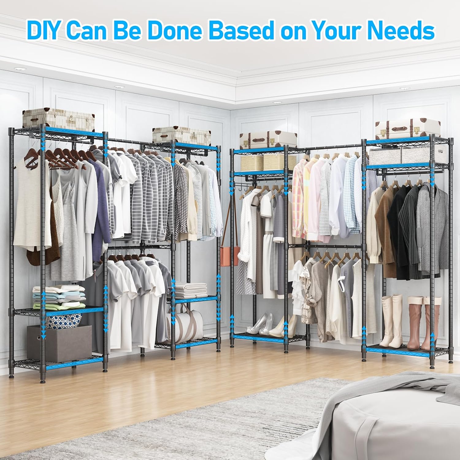 Homdox Heavy Duty Garment Rack with Extendable Hanging Rods, Adjustable Metal Clothing Rack for Hanging Clothes, Freestanding Closet Wardrobe Clothes Rack with Wire Storage Shelves, Black