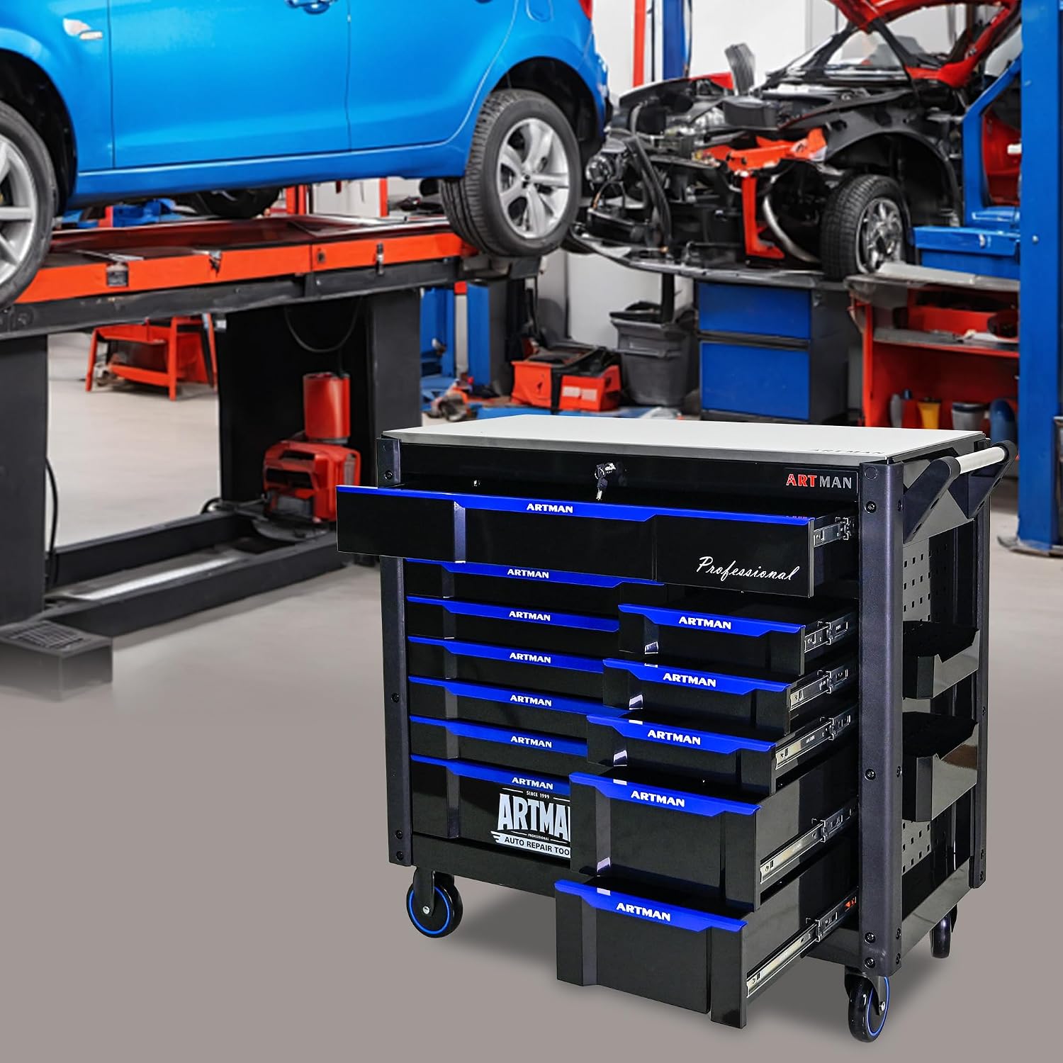 Large Tool Chest with Wheels, Rolling Toolbox with Drawers, Metal Storage Tool Cart with 41'' Stainless Steel Top and Side Handle for Garage, Shop (Bonus Drawer Liners) — Black/Blue