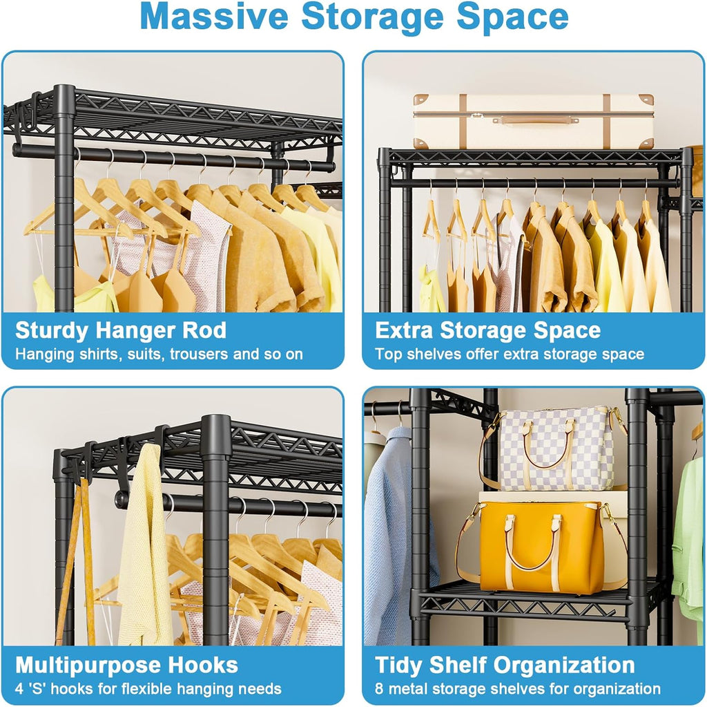 Ulif E4 Clothes Rack, Heavy-Duty Garment Rack, Metal Freestanding Clothing Organization Storage System Can Be L-Shaped with Shelves and Hangers, Max Load 962lbs, 71.6' W x 14.5' D x 79.3' H, Black