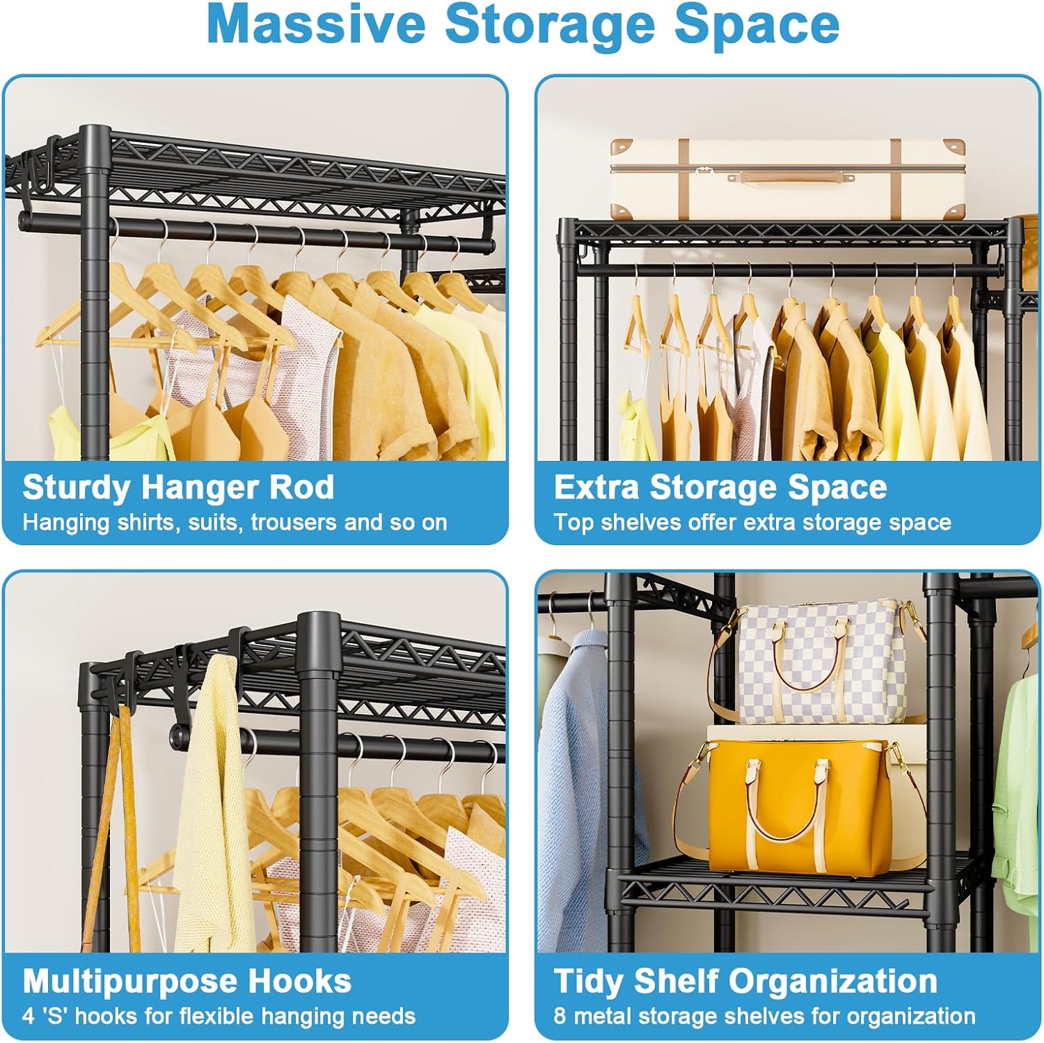 Ulif E4 Clothes Rack, Heavy-Duty Garment Rack, Metal Freestanding Clothing Organization Storage System Can Be L-Shaped with Shelves and Hangers, Max Load 962lbs, 71.6' W x 14.5' D x 79.3' H, Black