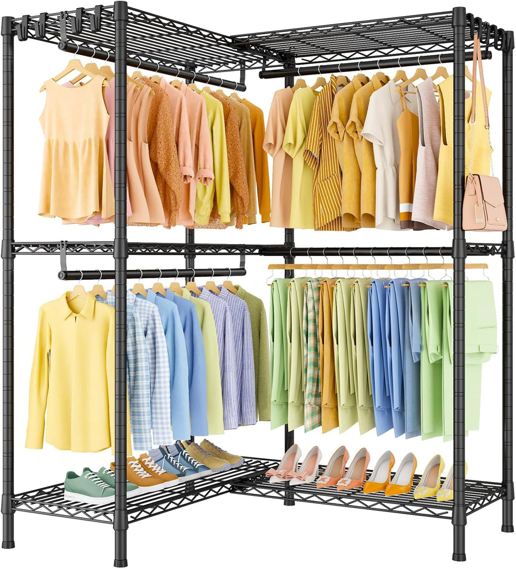 ULIFHOME E15 Garment Rack L Shaped Clothes Rack for Corner，Freestanding Clothing Racks for Hanging Clothes，Heavy Duty Closet Organizer with 4 Hanging Rods & 8 S Hooks，43.4' W x 15.8' D x 78.4' H，Black