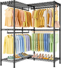 ULIFHOME E15 Garment Rack L Shaped Clothes Rack for Corner，Freestanding Clothing Racks for Hanging Clothes，Heavy Duty Closet Organizer with 4 Hanging Rods & 8 S Hooks，43.4' W x 15.8' D x 78.4' H，Black
