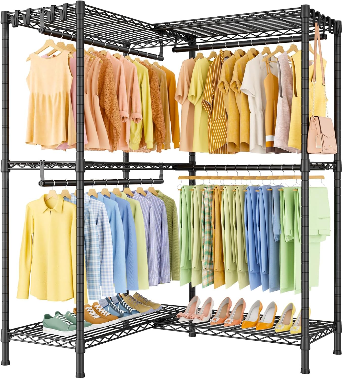 ULIFHOME E15 Garment Rack L Shaped Clothes Rack for Corner，Freestanding Clothing Racks for Hanging Clothes，Heavy Duty Closet Organizer with 4 Hanging Rods & 8 S Hooks，43.4' W x 15.8' D x 78.4' H，Black