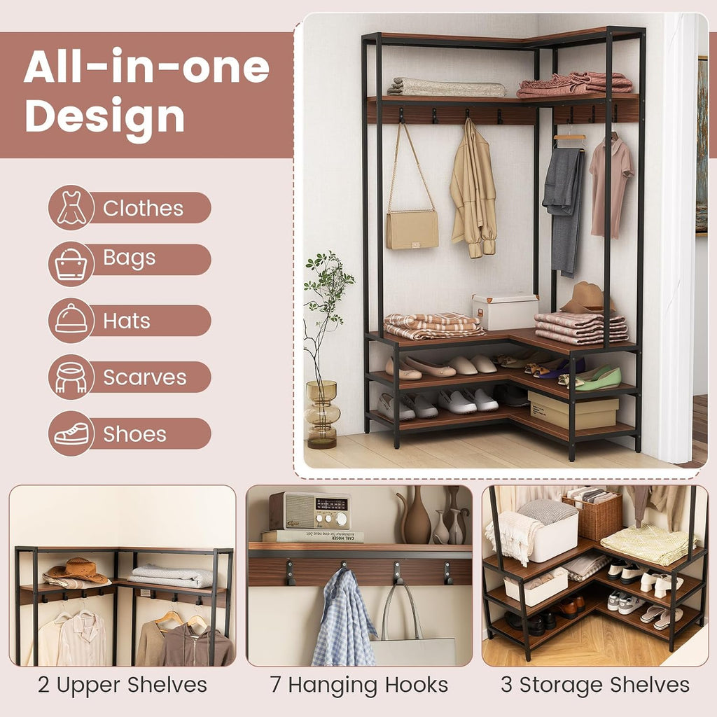 Giantex Corner Coat Rack with Shoe Bench, L-Shaped Garment Rack with 5 Shelves & 7 Hooks, Heavy Duty Freestanding Clothes Racks Entryway Bench with Shoes Organizer for Hallway (Walnut & Black)