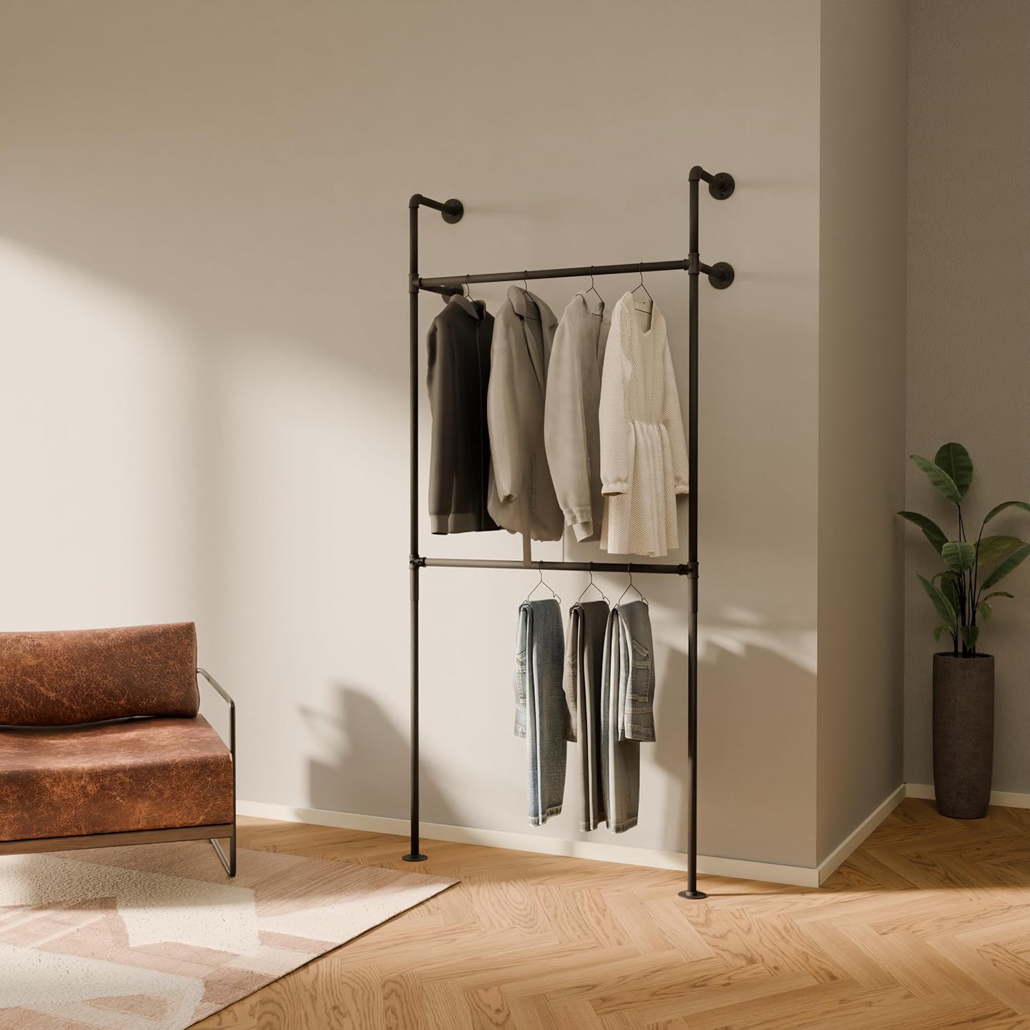 pamo Industrial Pipe Clothing Rack – Wall Mounted Black Closet System in Powder-Coated Steel – 41.4' W × 87.4' H – Easy Setup – Ideal for Walk-In Closets & Retail Use