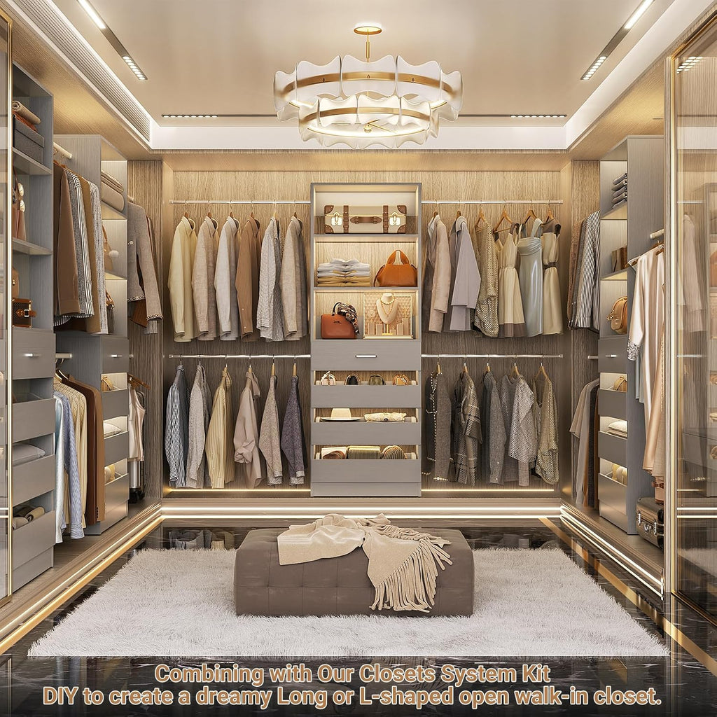 Aheaplus Closet System, 4-9Ft Closet Organizer with 4 Wooden Drawers, Wood Closet Organizer System with Tower, Walk-in Closet Organizer Wardrobe Garment Clothes Rack with 4 Hanging Rods, Grey