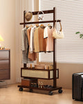 Garment Rack With Storage Basket Bamboo Clothing Rack for Hanging Clothes Rolling Clothes Rack for Small Spaces Standing Coat Rack for Bedroom Living Room (33.5' W x 12.6' D x 68.1' H)