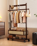 Garment Rack With Storage Basket Bamboo Clothing Rack for Hanging Clothes Rolling Clothes Rack for Small Spaces Standing Coat Rack for Bedroom Living Room (41.3' W x 12.6' D x 68.1' H)