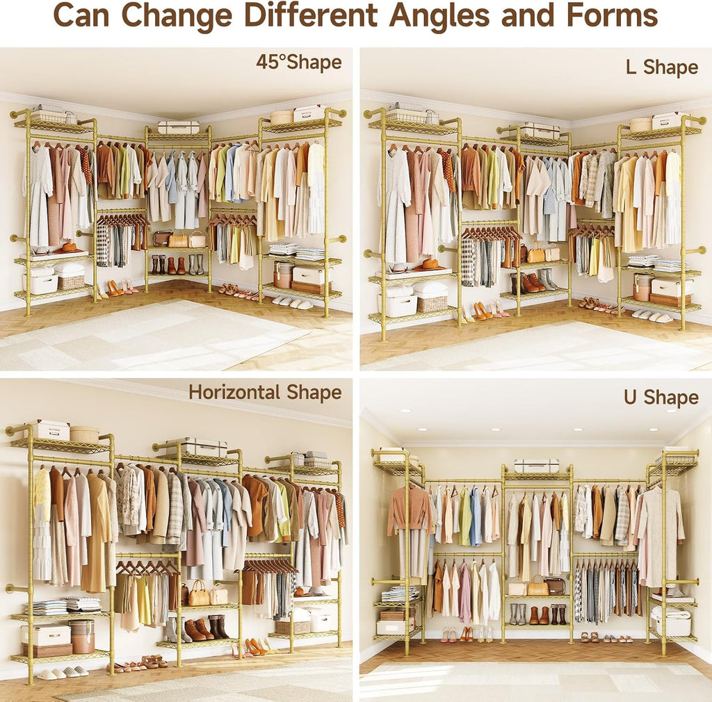 U5 Wall Mounted Closet System, Industrial Pipe Clothing Rack Garment Racks for Hanging Clothes, Heavy Duty Closet Organizers System in Wardrobe Closet, Gold