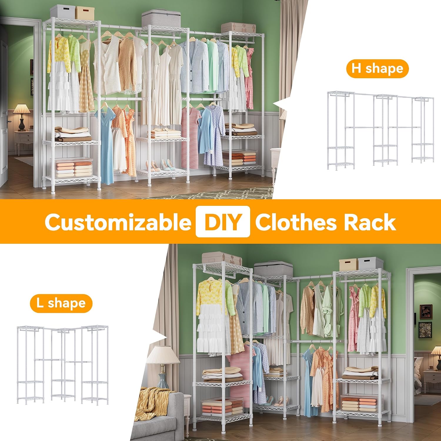 Higeego H11 Heavy Duty Garment Rack, Clothing Rack for Hanging Clothes, Extra Large Closet, Freestanding Wardrobe Closet Organizer and Storage with Hanger Rods, Extendable from 7.8 to 10.8 ft, White