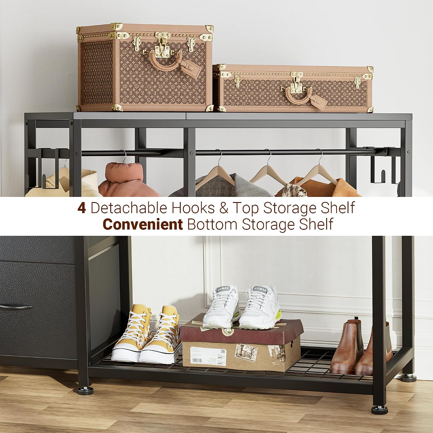 Lulive Clothes Rack with 2 Rods, Shelves, Drawers & Hooks, Garment Rack | Clothes rack with 2 hanging rods (50lbs each), 2 shelves, 2 fabric drawers & 4 hooks. 300lb total capacity. Fits small spaces