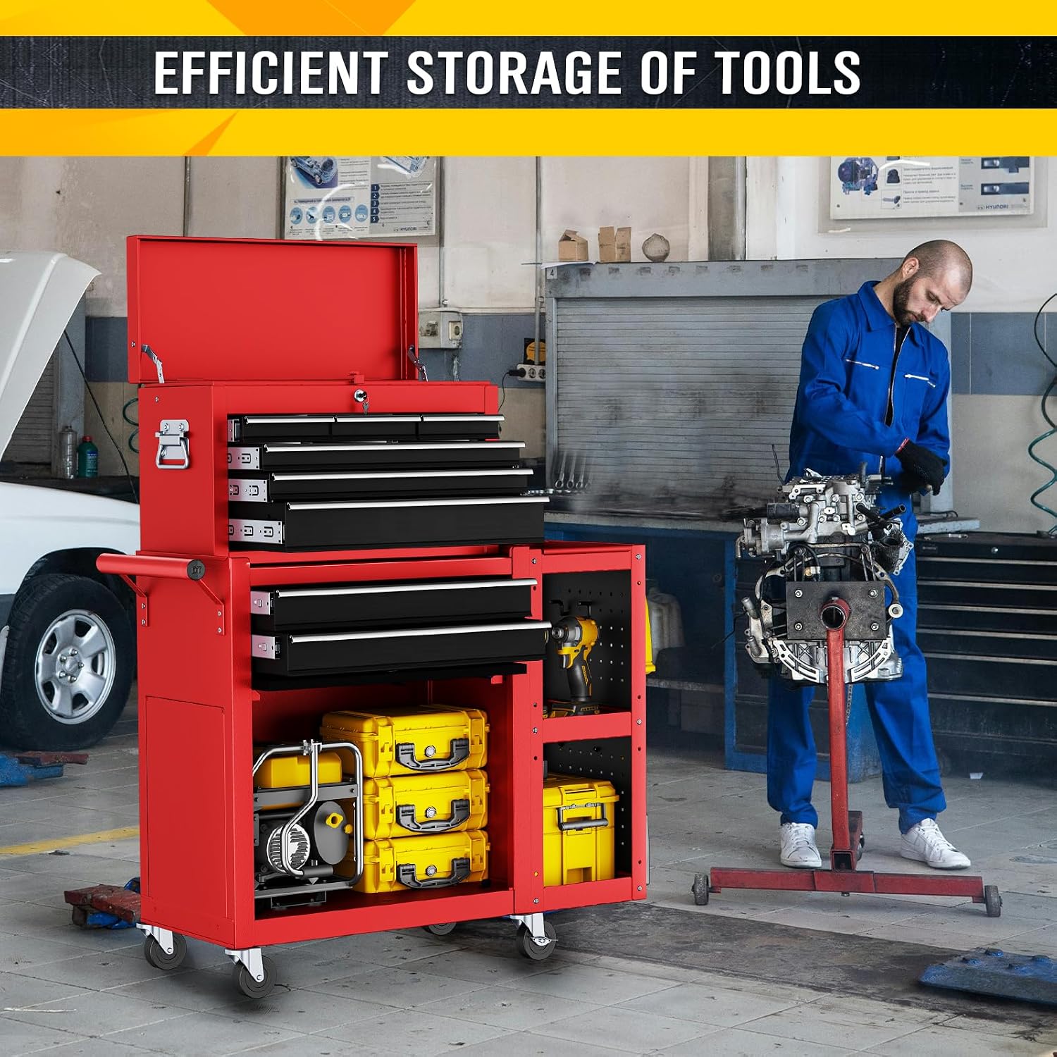 SILVEL 8-Drawer Rolling Tool Chest, 3-in-1 Lockable Tool Box on Wheels with Detachable Top Toolbox & Bottom Storage Cabinet Cart for Garage, Workshop, Repair Room, Warehouse (Red)