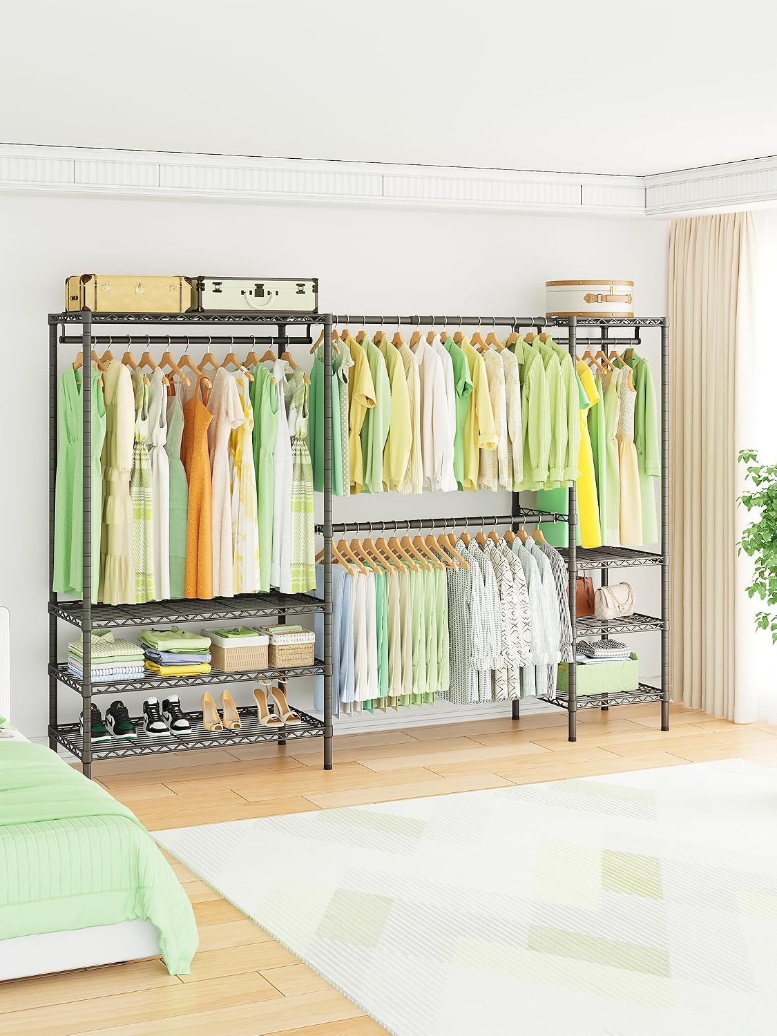 Ulif E11 Heavy-Duty Garment Rack, Metal Freestanding Clothes Rack and Closet Storage Organizer System with 8 Shelves and 4 Hanger Rods, (73.2-97.6)' W x 14.5' D x 71.2' H, Load 1034 LBS, Black