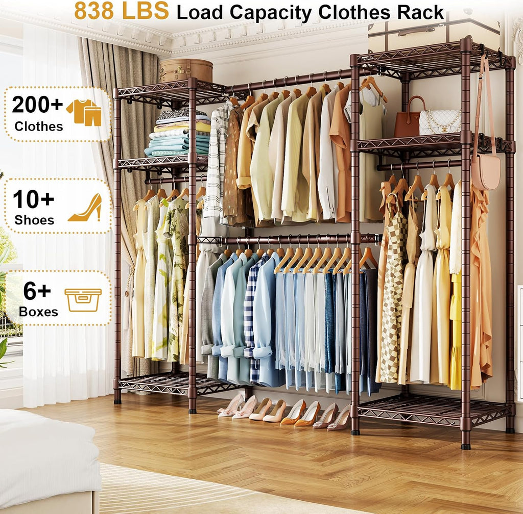 Ulif E7 Garment Rack, Heavy Duty Clothes Storage System with Extendable Hangers Rods, Metal Clothing Rack with 6 Wire Shelves, (52.3'-72') W x 14.5' D x 71.2' H, Load 838lbs, Bronze