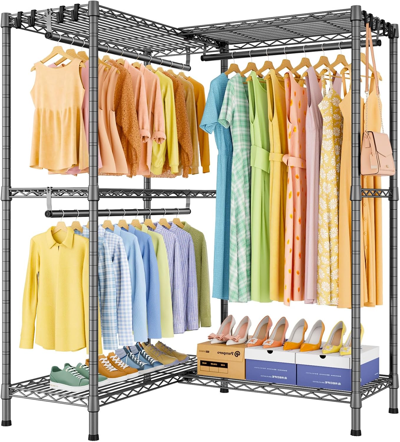 ULIFHOME E15 Garment Rack L Shaped Clothes Rack for Corner，Freestanding Clothing Racks for Hanging Clothes，Heavy Duty Closet Organizer with 4 Hanging Rods & 8 S Hooks，43.4' W x 15.8' D x 78.4' H，Grey
