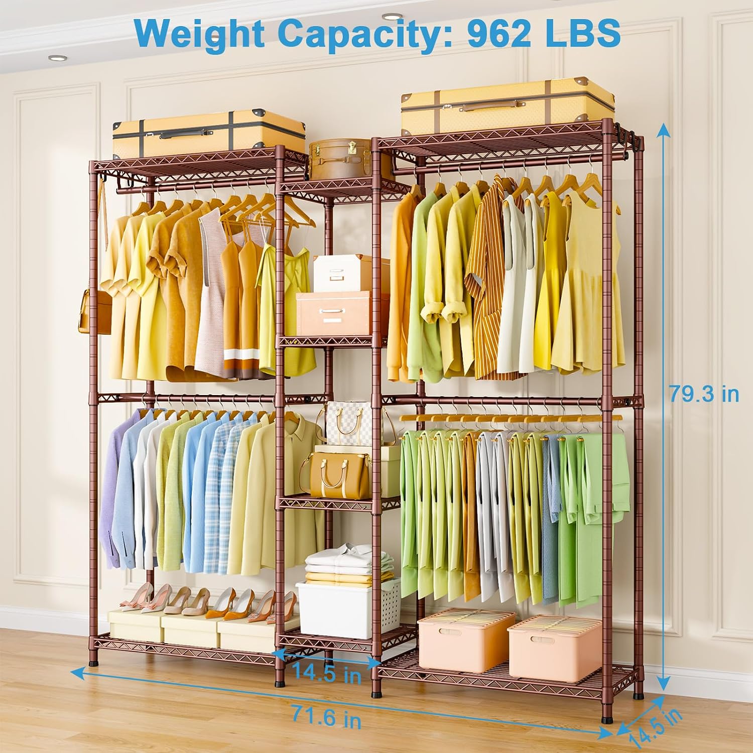 Ulif E4 Clothes Rack, Heavy-Duty Garment Rack, Metal Freestanding Clothing Organization Storage System Can Be L-Shaped with Shelves and Hangers, Max Load 962lbs, 71.6' W x 14.5' D x 79.3' H, Bronze