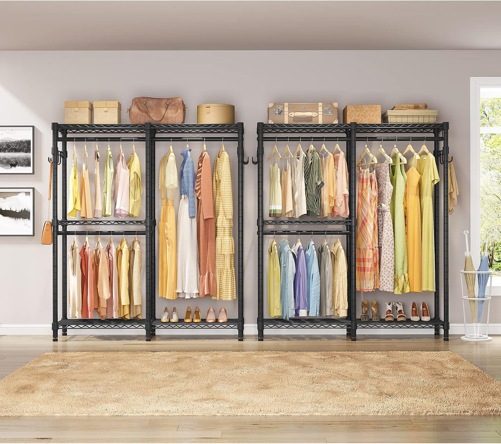 VIPEK V4 Heavy Duty Clothing Rack for Hanging Clothes 810lbs Load Capacity, Double Rod Garment Rack with Adjustable Shelves & Side Hooks, Metal Wardrobe Closet System Easy to Assemble, (Black)