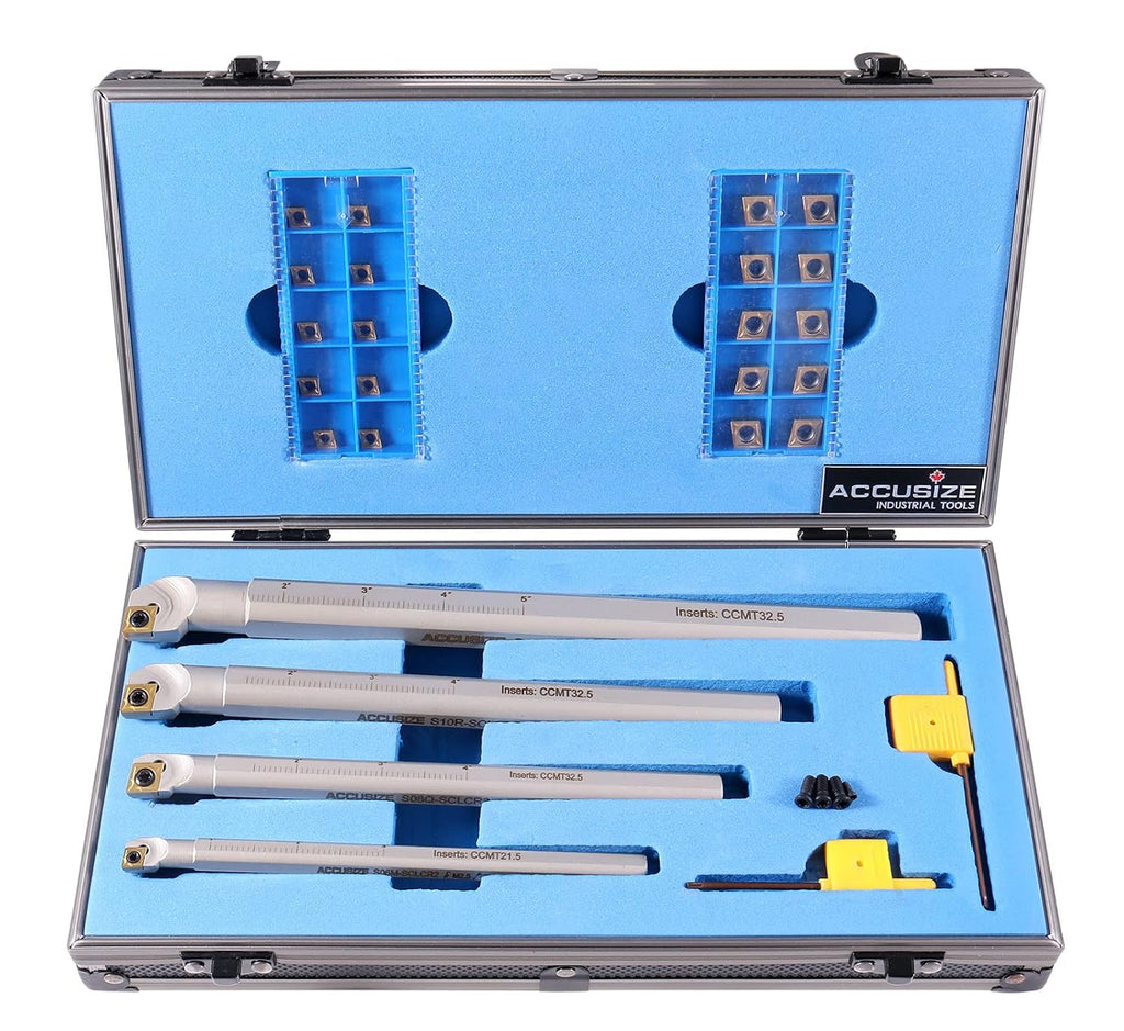 Accusize Sclcr Indexable Boring Bar Set, 3/8', 1/2', 5/8', 3/4' for Steel | 31 Pc Set with 20 TiN Coated CCMT Carbide Inserts, Negative 5° Angle, 45HRC, Torx Screw Retention, P252-S410