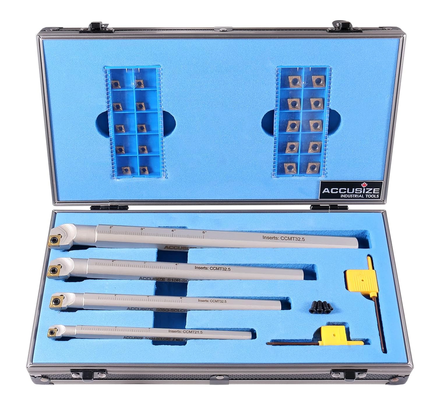 Accusize Sclcr Indexable Boring Bar Set, 3/8', 1/2', 5/8', 3/4' for Steel | 31 Pc Set with 20 TiN Coated CCMT Carbide Inserts, Negative 5° Angle, 45HRC, Torx Screw Retention, P252-S410