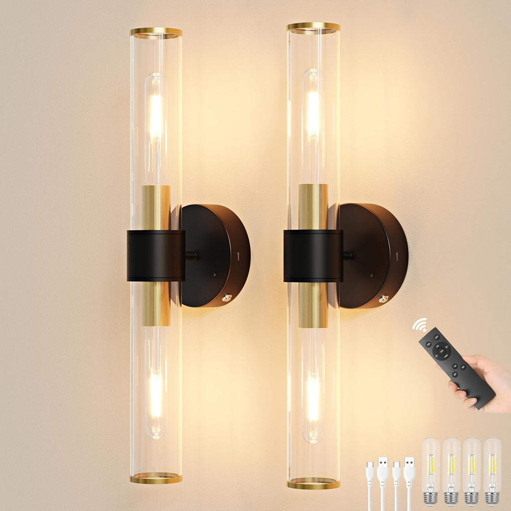 10000mAh Battery Operated Wall Sconces Set of 2, Black Gold Dimmable Rechargeable Wall Sconce with Remote, 20 Inch Wireless Warm Glass Wall Light for Bedroom Living Room Entryway (Bulbs Included)