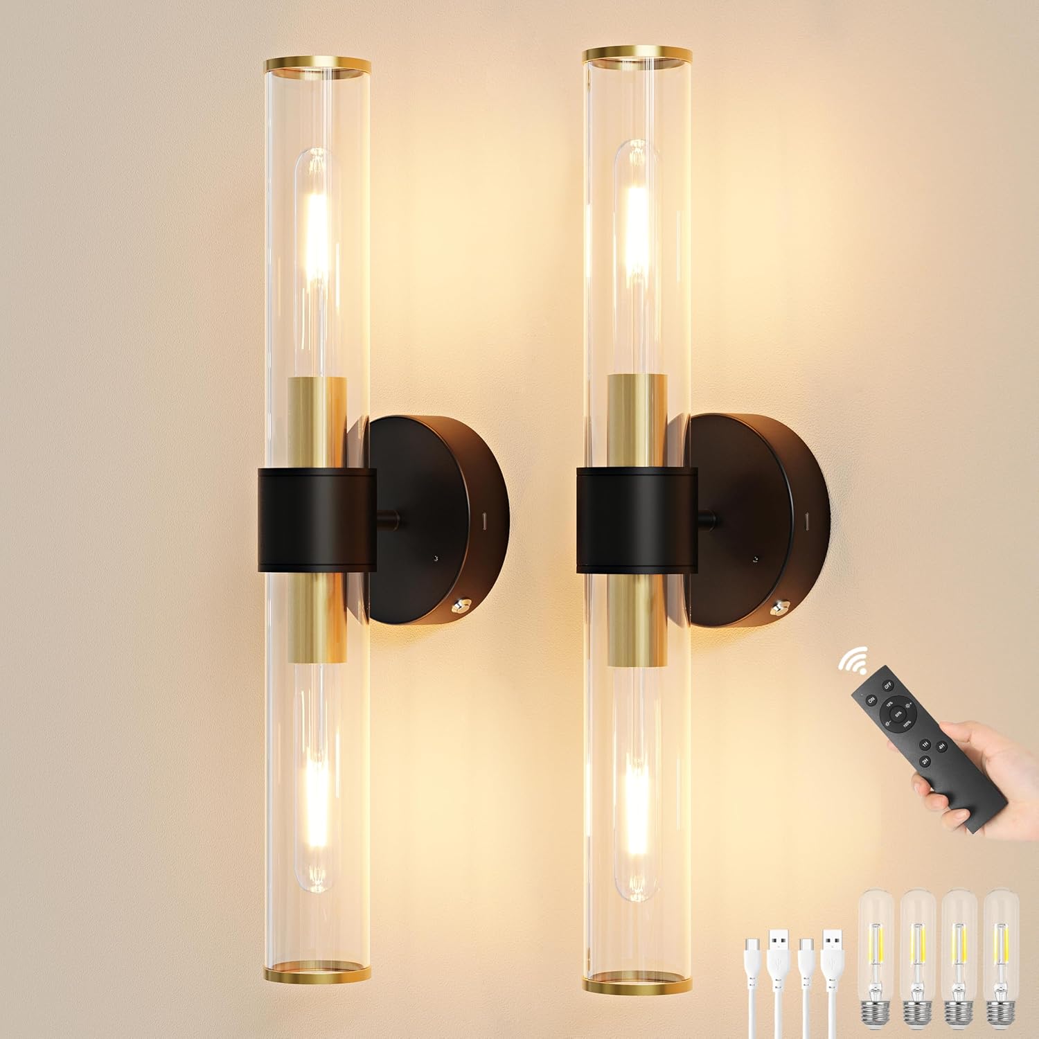 10000mAh Battery Operated Wall Sconces Set of 2, Black Gold Dimmable Rechargeable Wall Sconce with Remote, 20 Inch Wireless Warm Glass Wall Light for Bedroom Living Room Entryway (Bulbs Included)