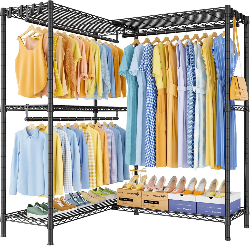 ULIFHOME E15 Pro Garment Rack L Shaped Clothes Rack for Corner，Freestanding Clothing Racks for Hanging Clothes，Heavy Duty Closet System with 4 Hanging Rods & 8 S Hooks，48.8'W x 15.8'D x 78.4'H，Black