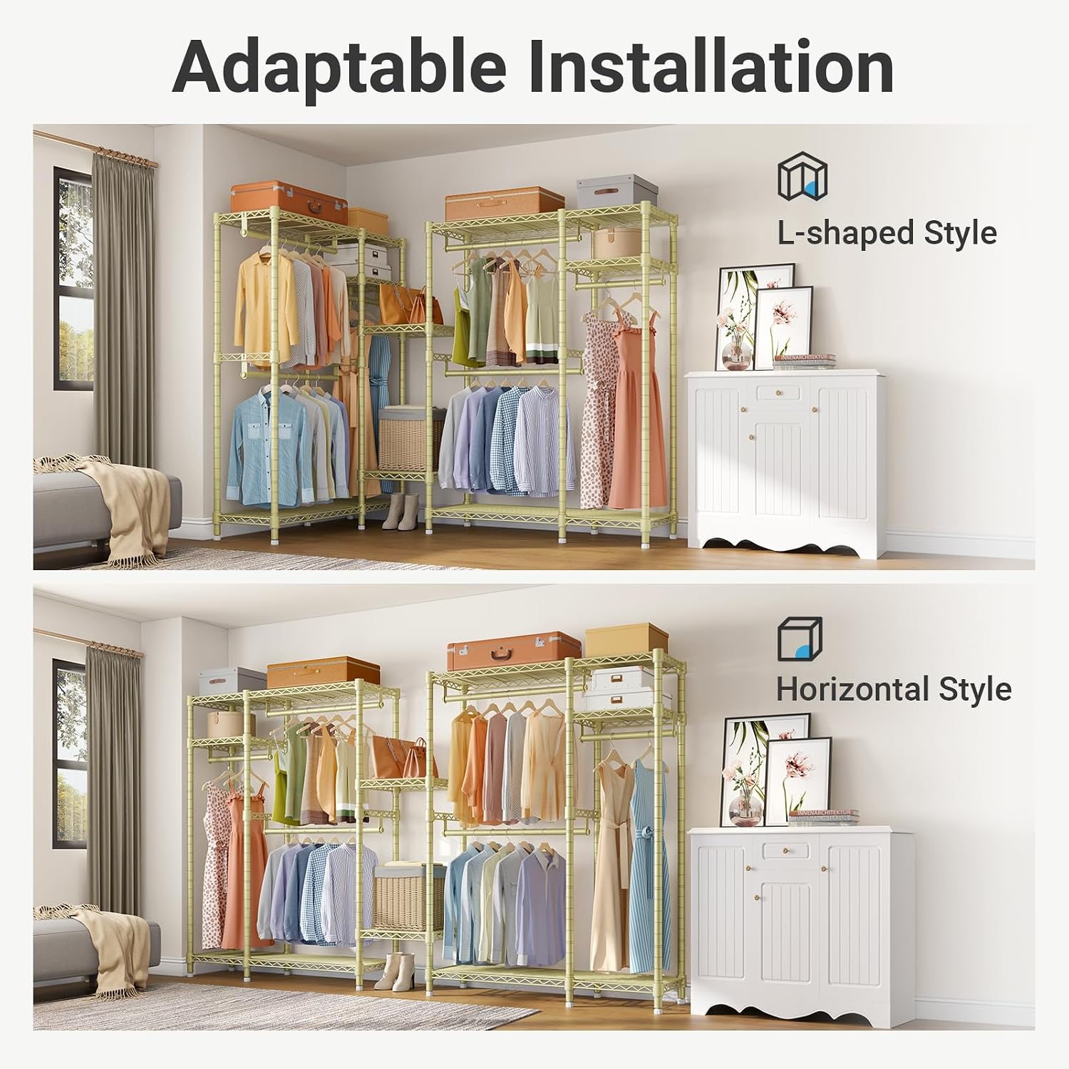 VIPEK V2 Heavy Duty Clothes Rack 4 Tiers Wire Shelving Garment Racks with 3 Hanging Rods Compact Freestanding Closet Metal Closet Rack, Max Load 700LBS, Gold