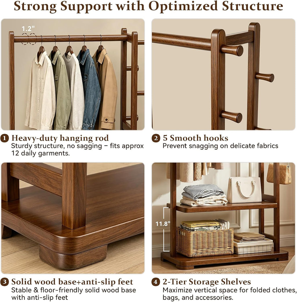 Taitiy Coat Rack Solid Wood Clothes Rack with 2 Shelves & 5 Hooks for Hanging Clothes Garment Wallets Hats, Clothing Rack Coat Rack Freestanding Hall Tree with Storage for Hallway Bedroom Living Room