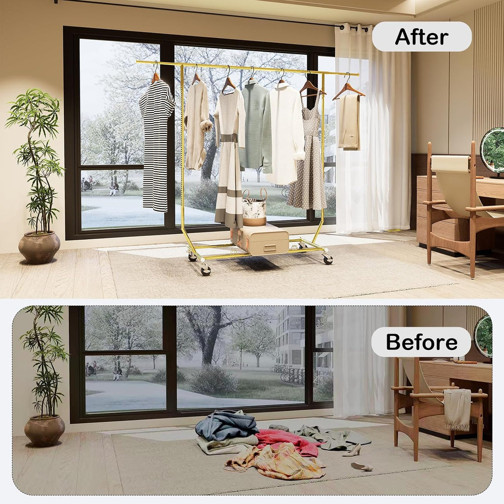 Collapsible Gold Clothes Rack Single Clothing Racks For Hanging Clothes Metal Clothing Hanging Rack Commercial Garment Rack With Wheels For Bedroom Balcony