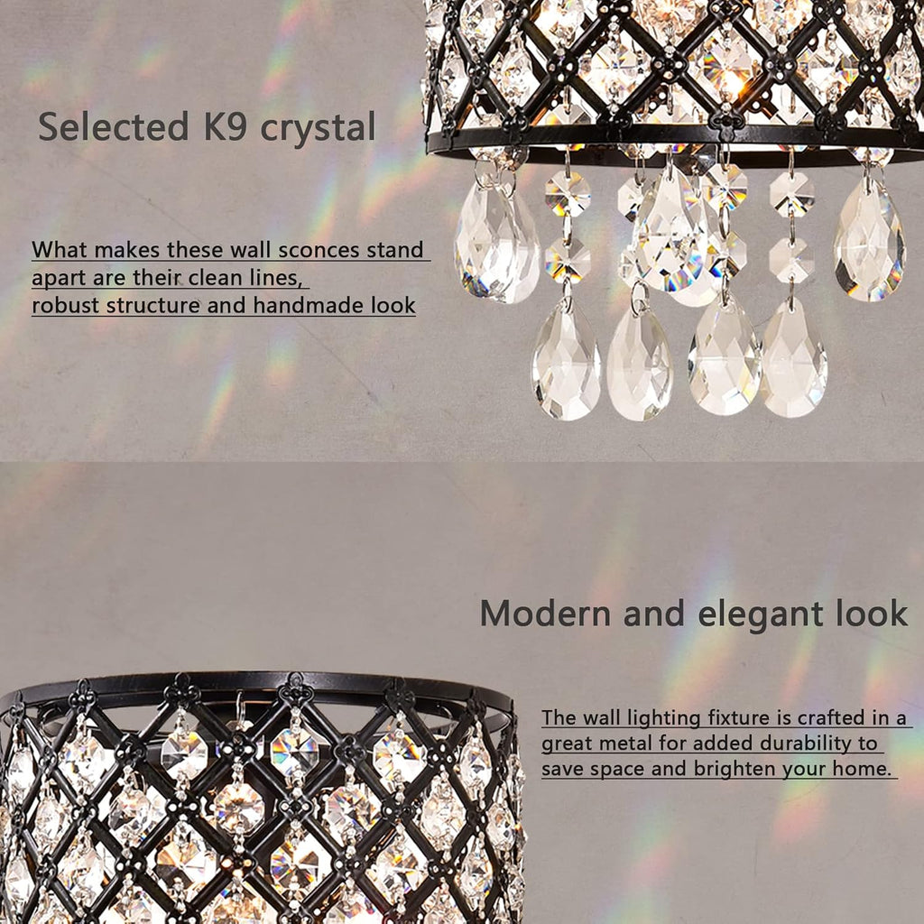 Maxax Crystal Wall Sconce, Modern Indoor Wall Lamp, Vanity Lighting Fixture with Lattice Drum Shade, ETL Listed, for Living Room, Bedroom, Hallway, Bathroom, Antique Black Finish, Set of 2