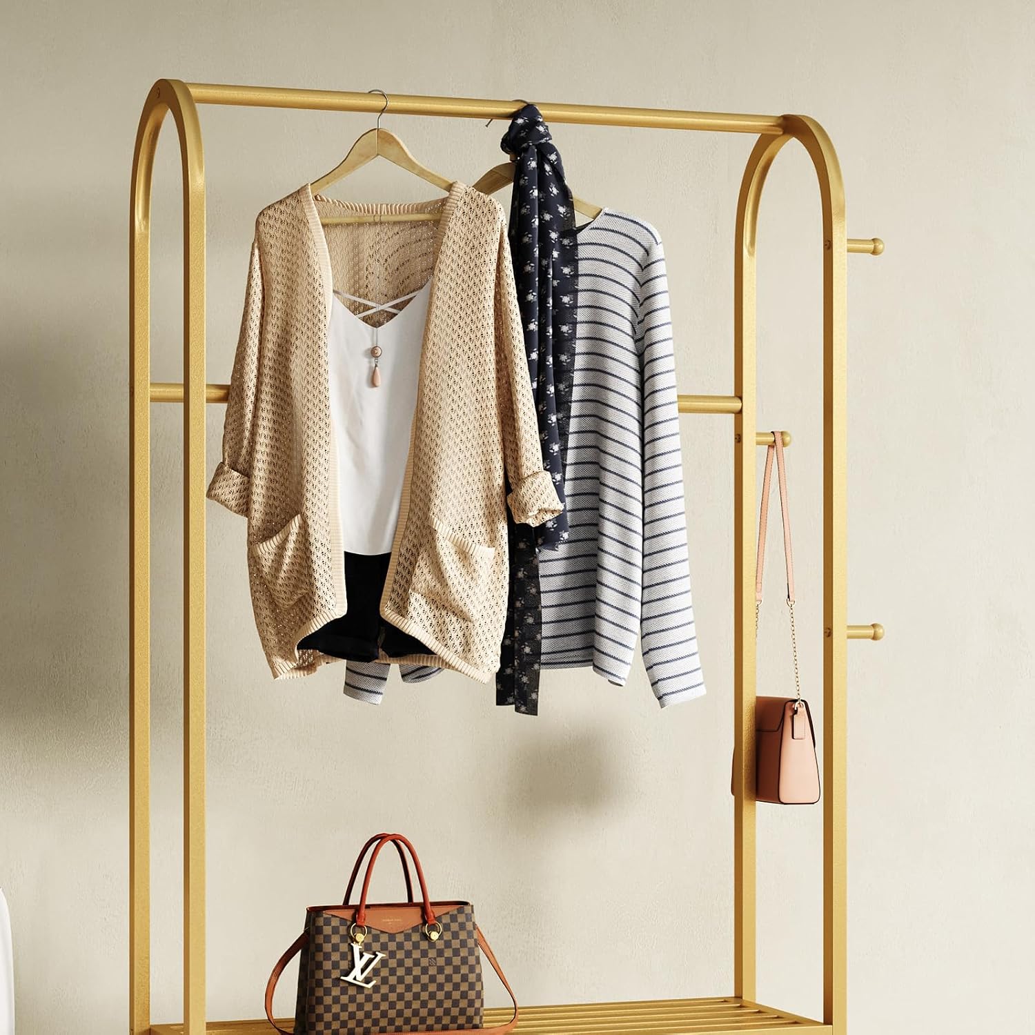Gold Clothing Rack with 2 Shelves and Side Hooks,Freestanding Metal Garment Rack for Hanging Clothes,Heavy Duty Clothes Rack with Shoe Storage,Modern Clothing Rack for Bedroom,Entryway,Closet