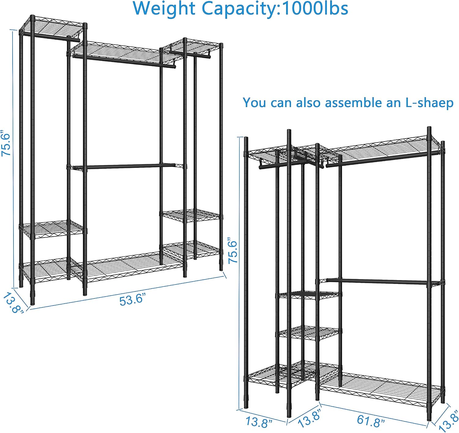Garment Rack Heavy Duty Clothes Rack for Hanging Clothes,Metal Garment Rack,Freestanding Clothing Rack,Adjustable Custom Closet Rack,54' L x 13.8' W x 75.8' H, Max Load 750LBS,Black