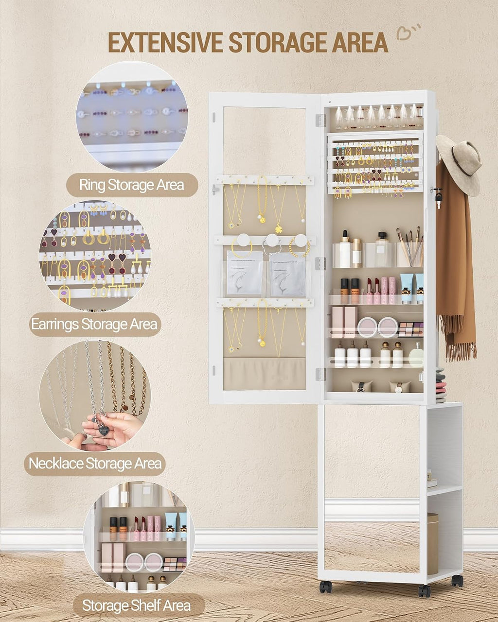 Hzuaneri 8 LEDs Jewelry Cabinet Armoire, 66.9-inch Jewelry Organizer with Garment Rack, Lockable Full-length Mirror with 4 Wheels, Storage Shelves with Hooks, 5-in-1, White and Beige JC17003BE