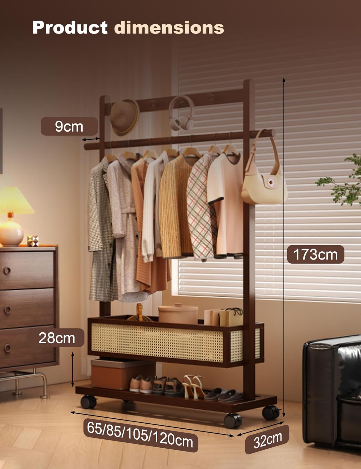 Garment Rack With Storage Basket Bamboo Clothing Rack for Hanging Clothes Rolling Clothes Rack for Small Spaces Standing Coat Rack for Bedroom Living Room (41.3' W x 12.6' D x 68.1' H)